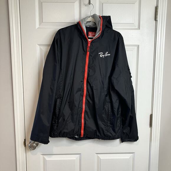 RAY-BAN Full Zip Hooded Wind Breaker Rain Jacket Black Red Piping Men’s Size XL - Picture 1 of 15
